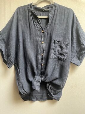 Bella Amore 100% Linen Slate Blue Casual Button-Down Shirt One Size
